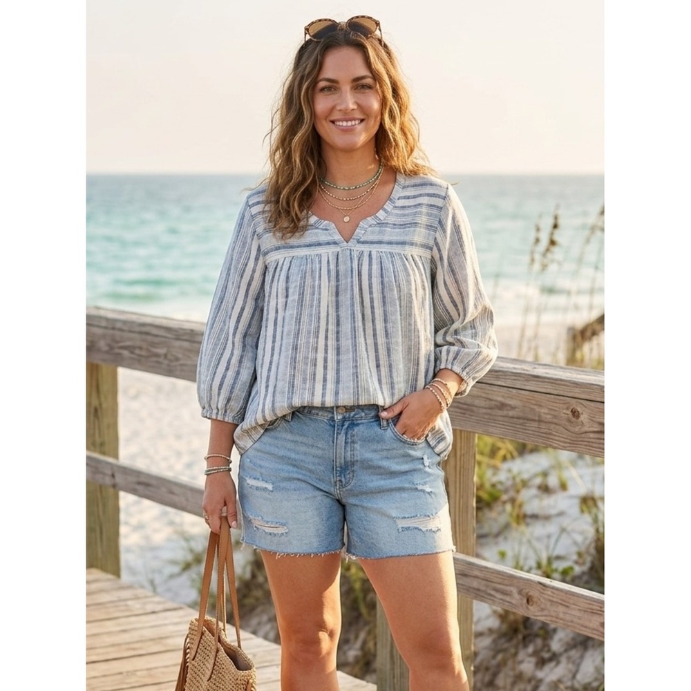 100% Cotton Blue Cream Striped Boho Peasant Blouse XXL Coastal Euro Summer